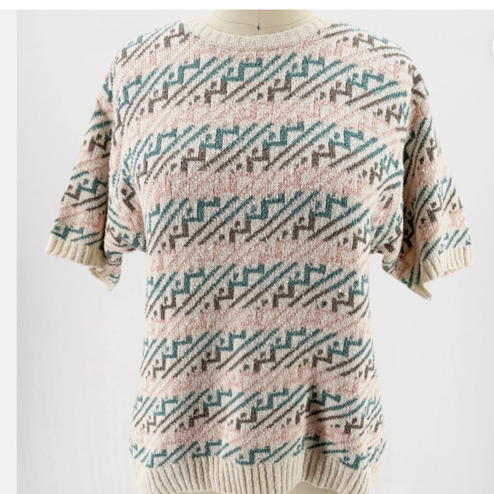JH Collectibles Cream Aqua Grey & Pink Silk Blend Aztec Knit Sweater Top M